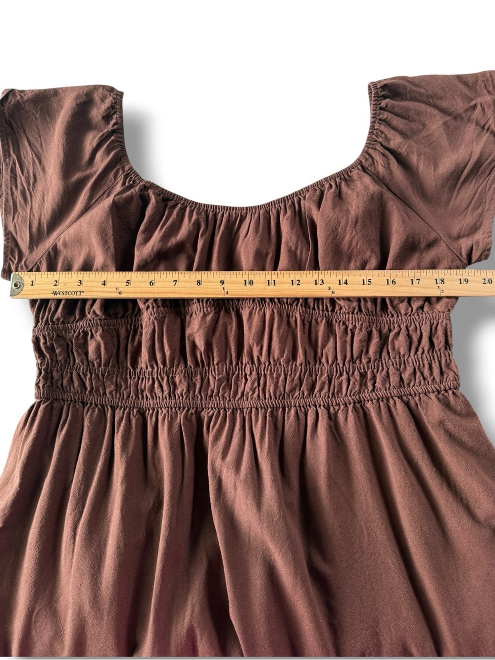 Shiny By Nature Poem Linen Blend Peasant Dress Size Large Smocked Waist Brown - Picture 7 of 9
